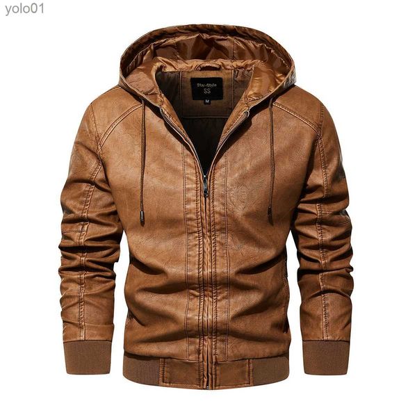 Couro sintético masculino 2023 outono/inverno nova venda quente jaqueta de couro com capuz masculino conjunto de motocicleta vintage bonito jaqueta de couro boutique legalL231018