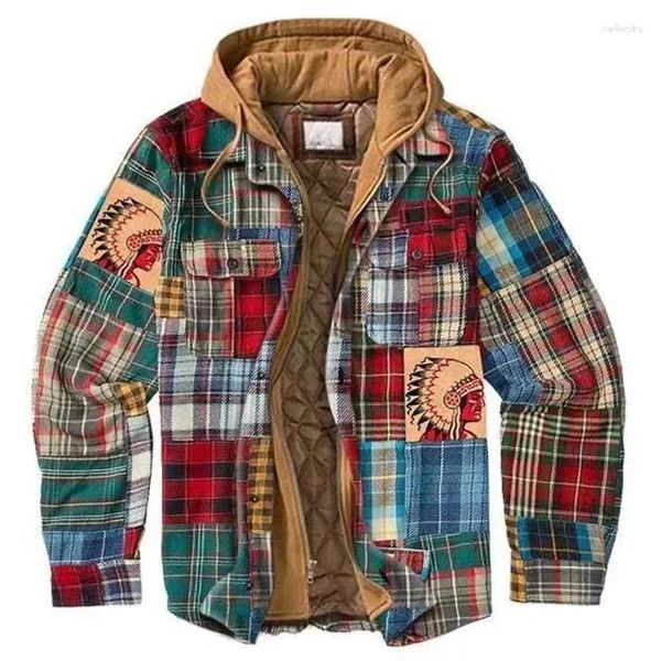 Jaquetas masculinas homens inverno harajuku xadrez camisas casacos com capuz zíper manga longa básico casual estilo europeu tamanho S-5XL