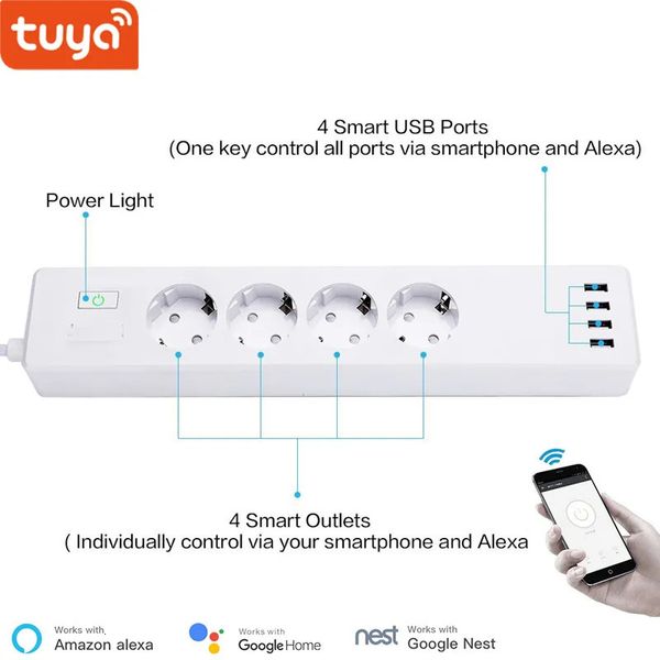 Другая электроника Tuya Smart WIFI Power Strip Стандарт ЕС с 4 разъемами и USB-портами, совместимыми с Alexa Echo Google Nest 231018