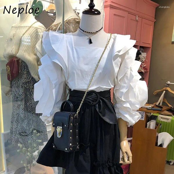 Damenblusen Neploe Korean Sweet Fashion 2023 Sommer Laminiertes Splice Blossom Puff Sleeve Square Neck Shirt Femme Solid Color Blusas