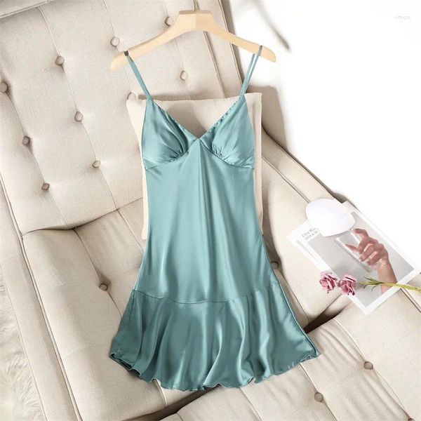 Kadınların Sweetwear Seksi Askı Mini Nightgown Buz İpek Saten Flanşlı Etek Tren Nightdress Samimi İç Çamaşırı