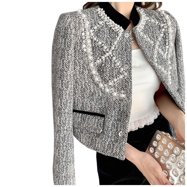 Cappotto corto da giacca autunno nuovo da donna con colletto alla coreana stile reale in lana grigia con perline strass SMLXLXXL