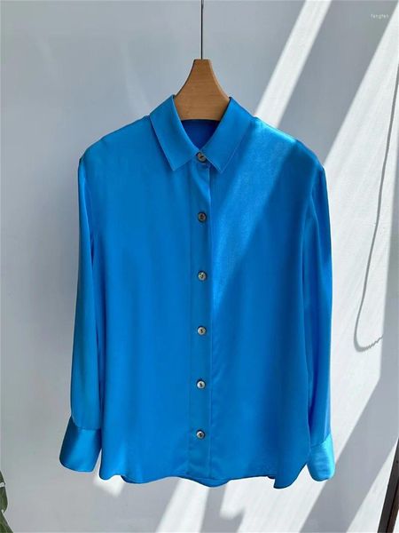 Camicette da donna Camicetta in raso blu di seta 2023 Top autunnali Camicia temperamento femminile monopetto a maniche lunghe