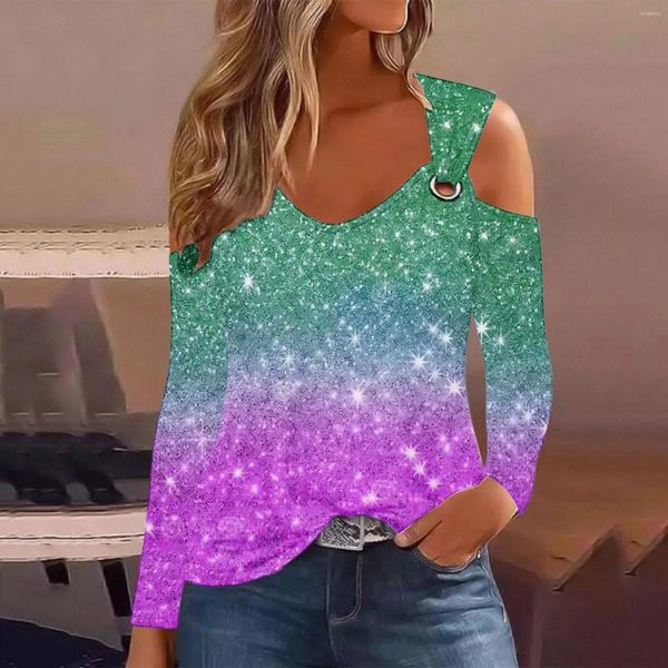 Kadın bluzları Seksi zincir Omuz Gömleği Kadınlar için Bahar Sonbahar V Yastık Uzun Kollu Gömlek 2023 Gündelik Gradyan Baskı Üst Femme