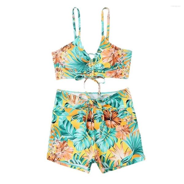 Roupa de banho feminina sexy impressão bikini shorts cordão plissado maiô tropical mulheres biquinis praia roupa traje bano mujer