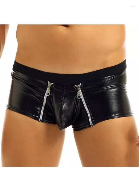 Mutande S-5XL Due cerniere con apertura sul cavallo PU Pelle Boxer da uomo Custodia convessa Boxer sexy Calzoncillos Calzamaglia Tronchi Biancheria intima