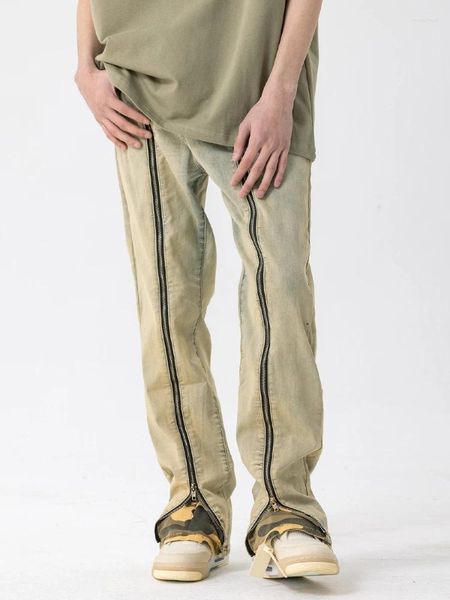 Herrenhose, gewaschene Baumwolle, Used-Look, Schlitz, Reißverschluss, Dekorationen, Jeans, gelb, schlammgefärbt, Straße, lässig, gerade, lang, Frühling, Sommer