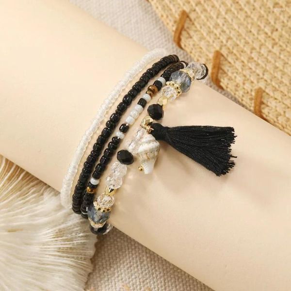 Link pulseiras 4 peças estilo boêmio concha preto borla arroz grânulo frisado pulseira com temperamento elegante e conjunto de jóias elásticas