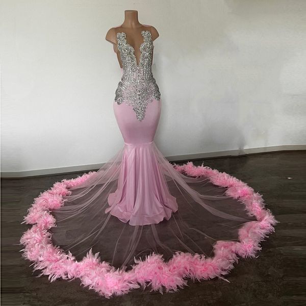 Sparkly rosa sexy sereia vestidos de baile para meninas negras contas penas vestidos de festa de formatura vestido de noite