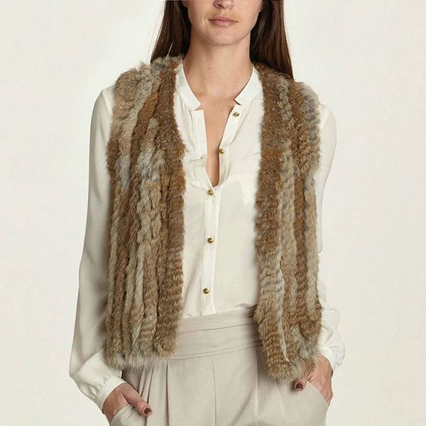 Женский меховой искусственный женский натуральный вязаный жилет с кроликом, пальто, зимняя куртка, фирменный индивидуальный заказ 231017