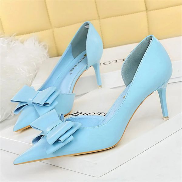 Kleid Schuhe Frauen 7,5 cm 10 cm High Heels Stripper Pumps Scarpins Nette Schleife Low Heels Schuhe Dame Fetisch süße Hochzeit Braut Gelb Blau Schuhe 231016