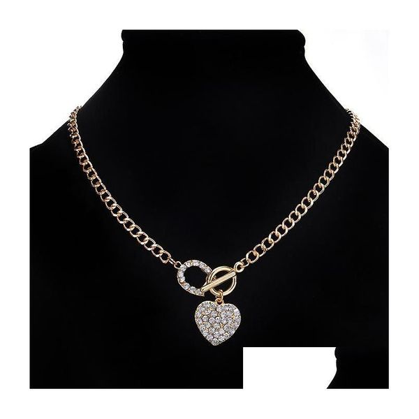 Anhänger Halsketten Frau Link Kette Bling Strass Toggle Verschluss Herz Romantische Liebe Anhänger Kurze Halskette Für Frauen Geschenk Iced Out je Dhjta