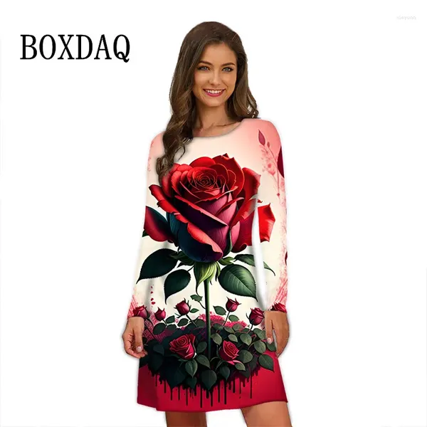 Abiti casual 2023 Abito vintage da donna Tie Dye Red Rose Flower Print Manica lunga Abiti autunnali oversize Festa allentata