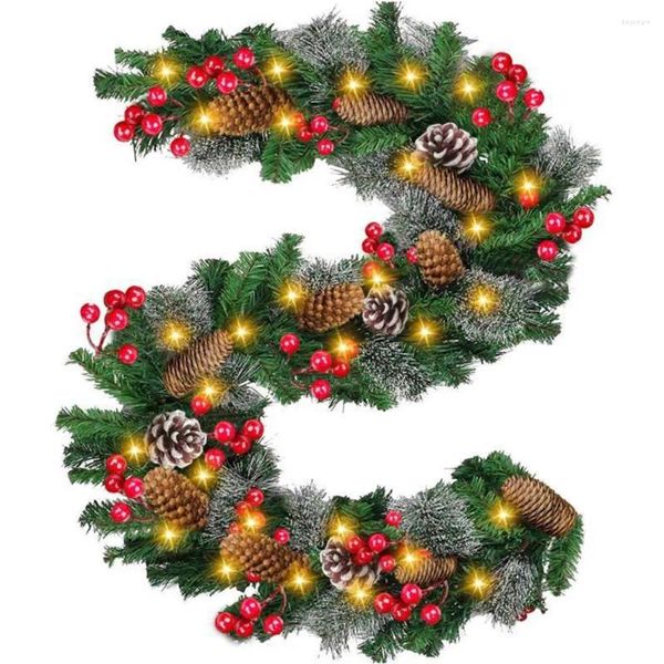 Dekorative Blumen Weihnachtsdekoration 9 FT LED Lichter Girlande mit Tannenzapfen Rote Beeren Schleifen Grüner Zweig Zuhause Outdoor 2023 Weihnachtsfeier