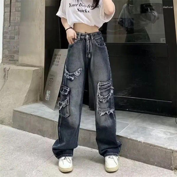 Damenjeans Vintage Hip-Hop gewaschen Y2K weibliche lose dünne blaugraue Hose mit weitem Bein