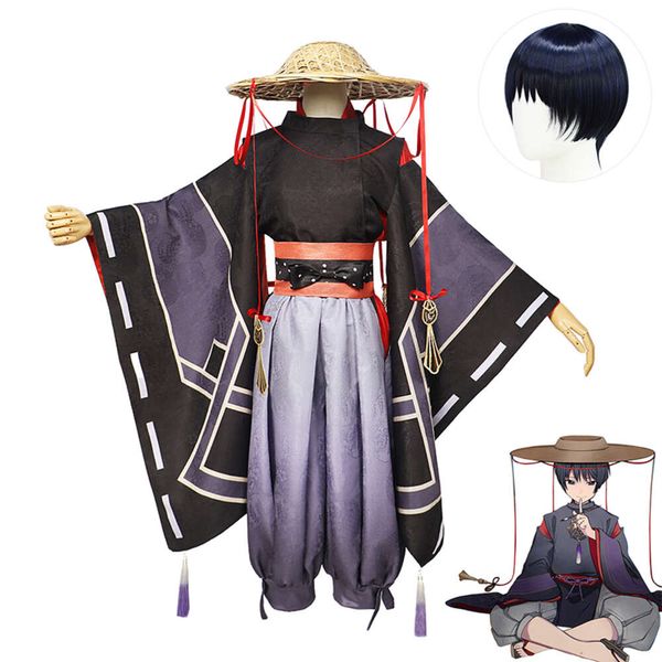 Scaramouche cosplay jenshin etki kostümü peruk derin mavi saç gezgin hikayesi kimono takım elbise unisexcosplay için genshin cosplay kostümleri