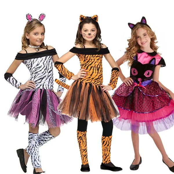 Cosplay snailify meninas zebra traje crianças tigre traje criança tigresa cosplay traje de halloween purim rosa gato rosto fantasia vestido 231017