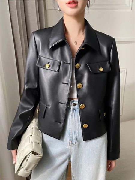 Women's Jackets PU Leather Button Cropped Casual Vintage Faux Fur Punk Retro Biker Coats Motorcycle Y2K Outerwears Autumn Winter