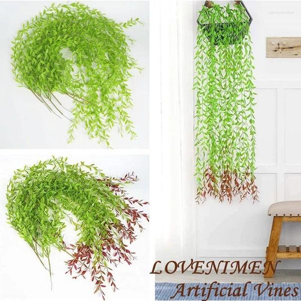 Flores decorativas folhas de salgueiro artificiais penduradas guirlanda rattan plástico vegetação plantas falsas videira para casa decoração de parede de jardim ao ar livre