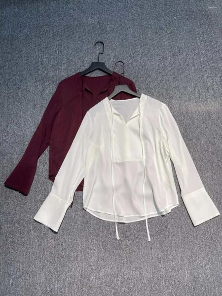 Kadın bluzları Tasarım Kadın Moda İpek Uzun Kollu Külot Bluz Zarif Lady Ofis Çalışmaları Tüm Maçlar Temel V yaka Dantel Up Üst Gömlekler