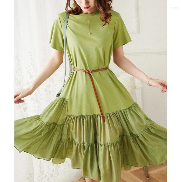 Vestidos casuais fim mercerizado algodão camiseta médio longo manga curta uma linha swing vestido feminino verão verde preto