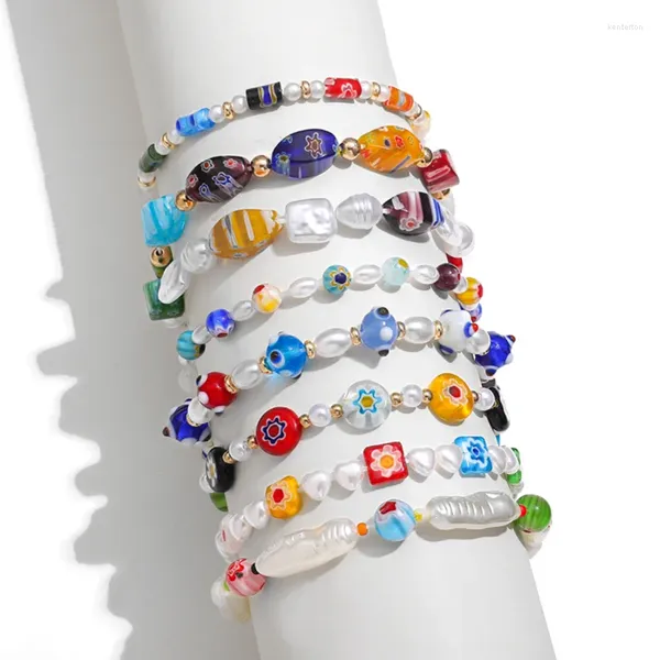 Strand na moda artesanal irregular pérolas pulseira para mulheres multicolorido geométrico coração flor contas de vidro festa jóias