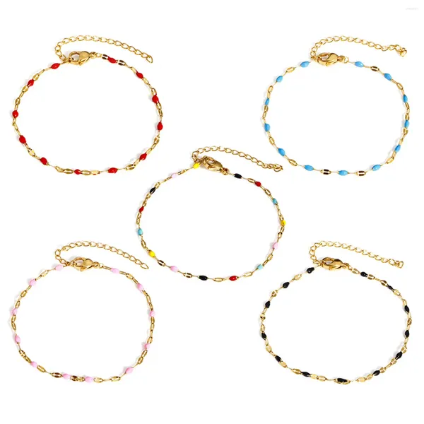 Charme Pulseiras Multicolor Esmalte Bead Pulseira 304 Aço Inoxidável Lábios Corrente de Ouro Cor Metal Correntes Para Mulheres Jóias 17cm Longo 1 PC