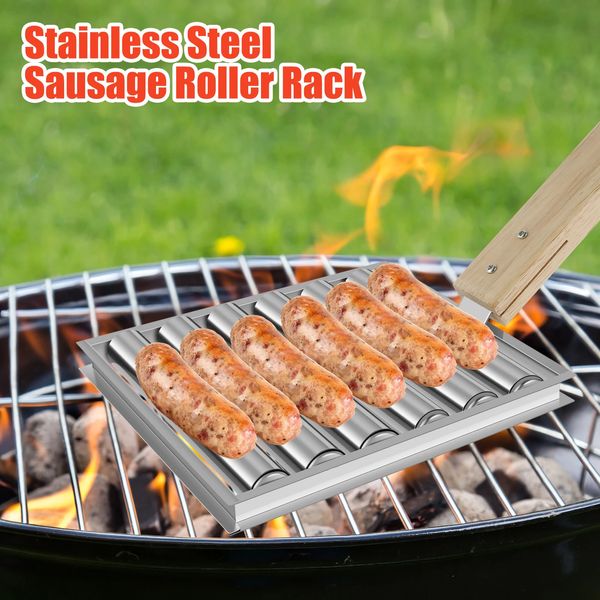 Ferramentas para churrasco acessórios cão rolo griller aço inoxidável salsicha rack grill ferramenta acampamento ao ar livre cozinha gadgets 231018