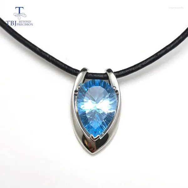 Ciondoli Ciondolo a forma di V TBJ in argento sterling 925 con cordoncino di cuoio a taglio concavo con topazio azzurro naturale per donne e ragazze