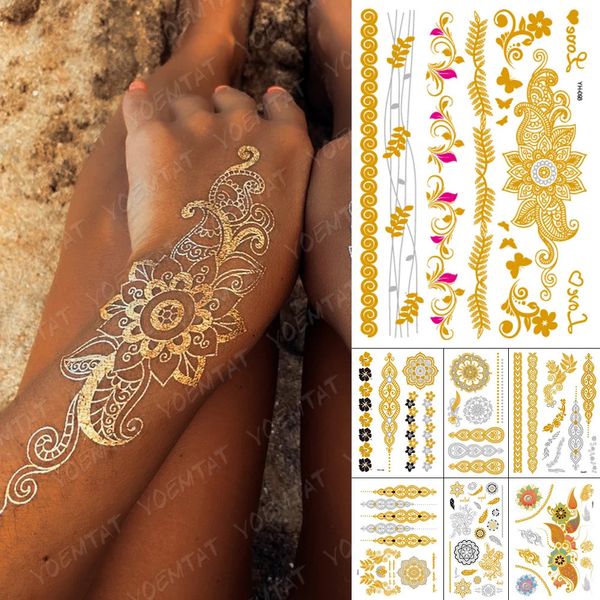 5 PC Tatuagens Temporárias À Prova D 'Água Tatuagem Adesivo Flores Mandala Henna Ouro Prata Metálico Flash Tatoo Boho Lotus Jóias Glitter Body Art 231018