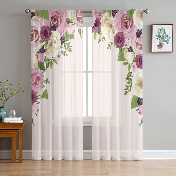 Cortina rosa flor transparente para sala de estar decoração janela cortina para quarto cozinha tule voile organza 231018