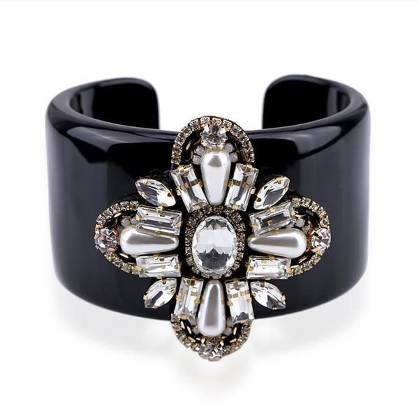 Bracciale HAHATOTO Trendy resina nera intarsiata fatta a mano in rilievo di cristallo fiore dichiarazione gioielli da donna 3297219S