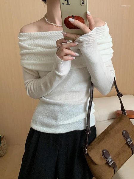Kadın Sweaters Kore Moda Eğik Boyun Kazak Kadınlar Sonbahar Kış Uzun Kollu Zarif Kapalı Omuz Örgü Üstleri Külük