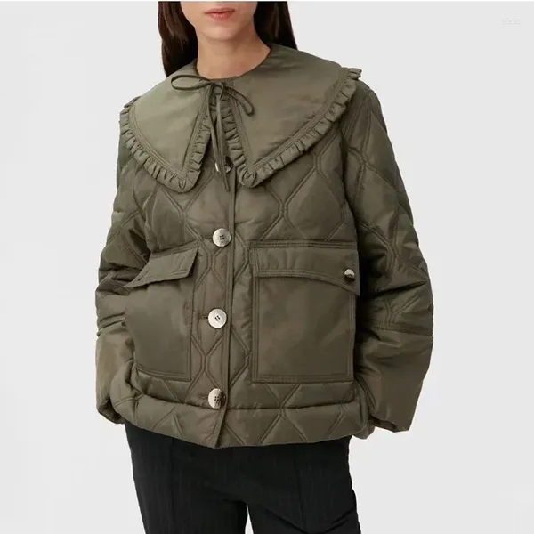 Trench da donna 2023 Autunno/Inverno Donna Cappotto corto in cotone trapuntato con volant staccabile con risvolto grande