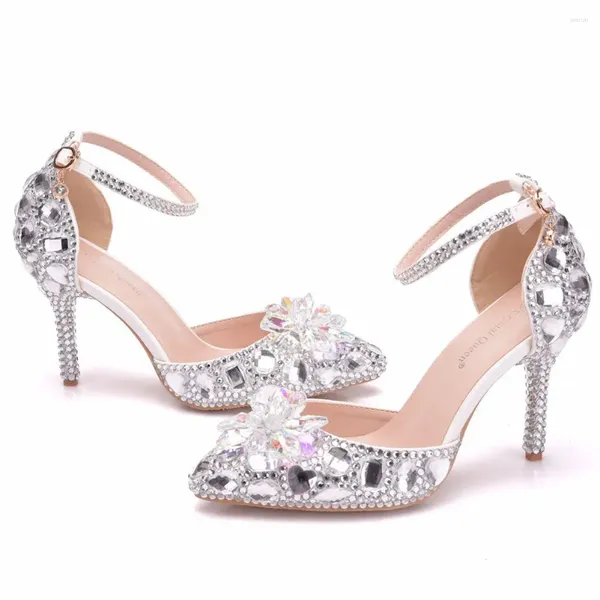 Kleid Schuhe Sexy Sandalen Spitze Zehen Braut Hochzeit Weibliche Weiße Bohrer Strass Kristall Stiletto High Heel