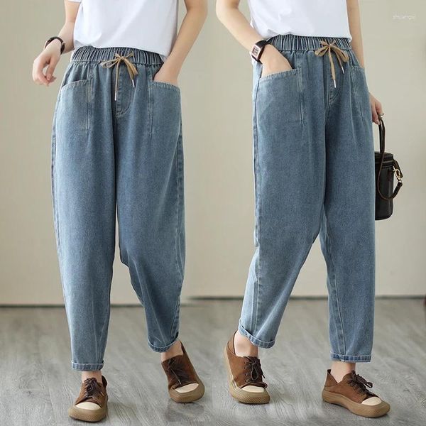 Jeans femininos plus size denim harem calças verão 2023 gordura mm solto emagrecimento elástico cintura cinto de nove pontos