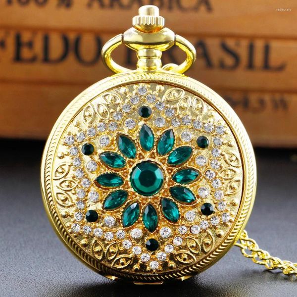 Карманные часы с зелеными бриллиантами, ремесленные кварцевые часы, винтажное роскошное золотое ожерелье, женская подвеска, подарок Analogico
