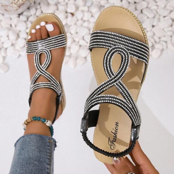 Sandálias Top Flat Mulher Verão Couro Strass Decorativo Open Toe Elastic Strap Sapatos 2023 Zapatos Mujer Verano