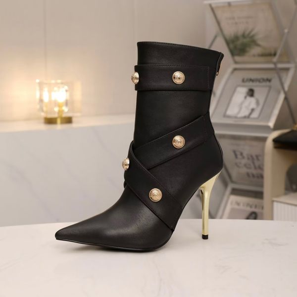 Designer de luxo couro genuíno moda botas de estilete com botões redondos de metal