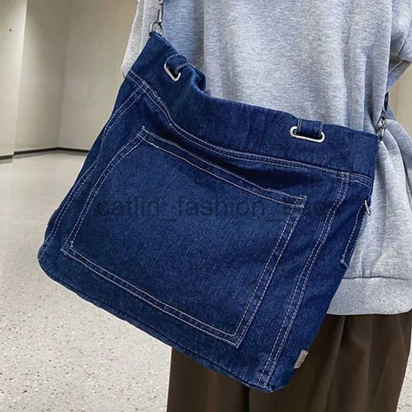 Borsa a tracolla in denim da donna blu scuro a tracolla Borsa a tracolla in denim tinta unita originale con tracolla larga Borse a tracolla firmate da donnacatlin_fashion_bags