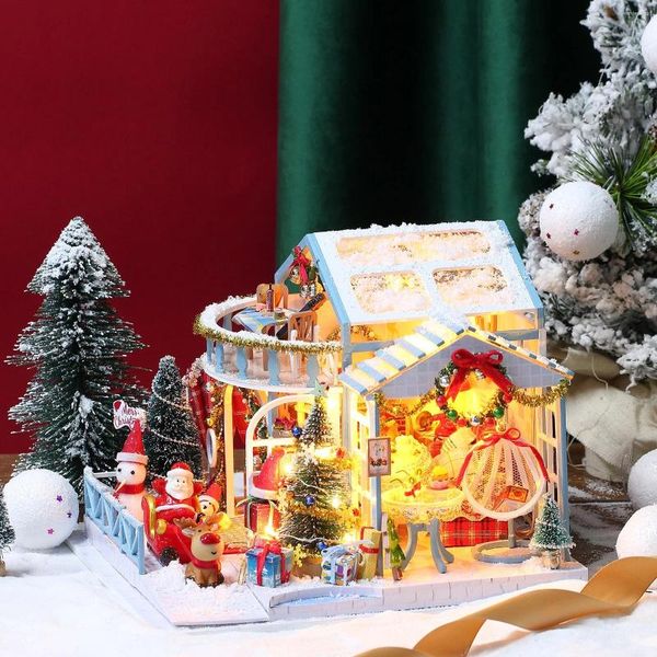 Decorações de natal de madeira diy brilhante casa quebra-cabeça ornamentos brinquedos artesanais luzes led decoração de mesa ano 2024