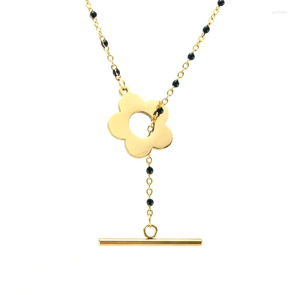 Gargantilha colar de flor de cor dourada para mulheres fivela t preto bola cabo corrente lariat colar de aço inoxidável