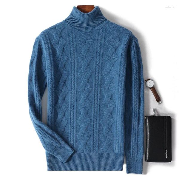Мужские свитера с высоким воротником-поло, свитер, утолщенный трикотаж из чистой шерсти, пуловер, зимний теплый топ с витыми цветами, модный длинный рукав