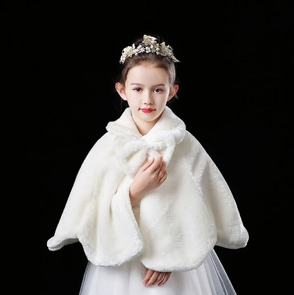 Куртки с цветочным узором для девочек, утепленное плюшевое болеро, белое пальто принцессы из искусственного меха, накидка на плечо, свадебное платье, шаль, палантин, бант 231018