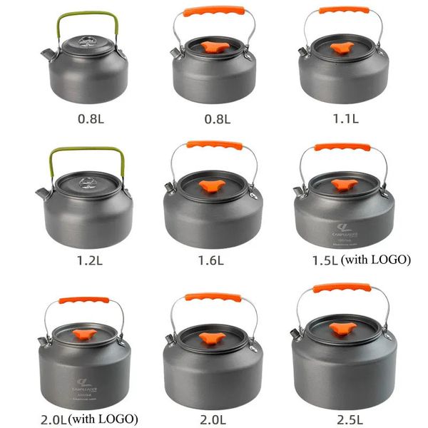 Cozinha de acampamento 0.8L1.1L1.2L1.5L1.6L2L2.5L Chaleira de água de acampamento Bule de liga de alumínio Bule de café Mochila Chaleira de chá ao ar livre com saco 231018