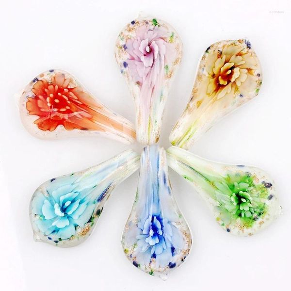 Colares Pingente QianBei Atacado 6 pcs Handmade Murano Lampwork Vidro Mix Cor S Glória 3D Flor Fit Colar Presente