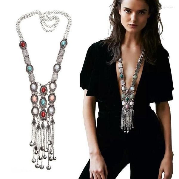 Цепочки в стиле ретро, винтажные богемные красочные бирюзовые камни, длинные ожерелья с кисточками для женщин, ювелирные изделия в стиле бохо, оптом Whole278T