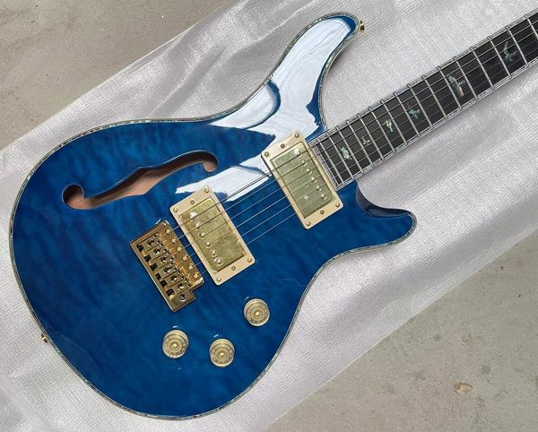 Reed 22 Private Stock Brasileiro LTD Blue Qulit Maple Top Semi Hollow Body Guitarra Elétrica Single F Hole Eagle Headstock Abalone Neck Binding Birs Inlay