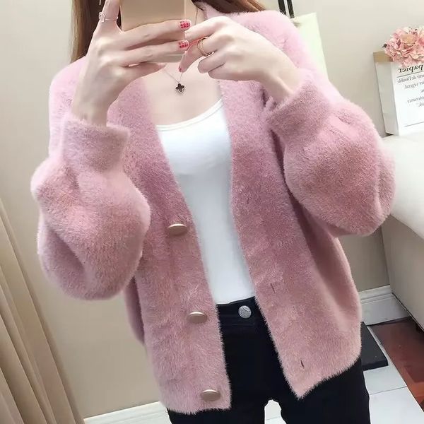 Pele feminina pele sintética outono inverno cardigan rosa imitação de pele de vison jaqueta fofa tricô suéter 231018