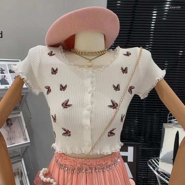 Женские свитера, вязаная рубашка на лето 2023, облегающий кардиган с цветочным принтом и короткими рукавами, топ